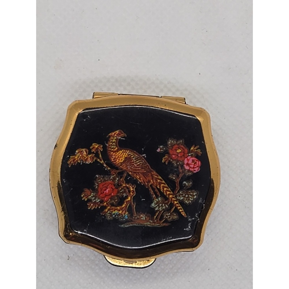 Vintage 1950's Stratton Enameled Pill Box Asian Pheasant Black Gold England